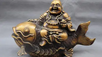 

zmrui 11" China Maitreya Buddha Laughing Monk Ride Fish Yuanbao Ingot Bronze Statue