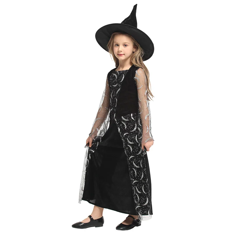 

HUIHONSHE Fashion Halloween Witch Costume Magic Girl Cosplay Long Dress With Hat Festival Party Wear Role Playing Children Dress