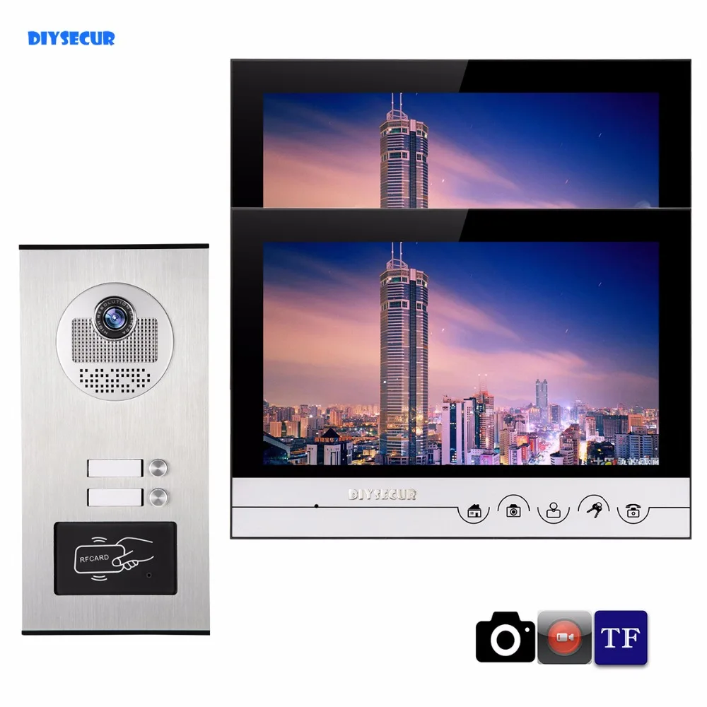 DIYSECUR 9\ Record/Photograph Video Intercom Doorbell Video Door Phone System IR Camera Build-in RFID Reader For 2 Families DIYSECUR 9\ Record/Photograph Video Intercom Doorbell Video Door Phone System IR Camera Build-in RFID Reader For 2 Families