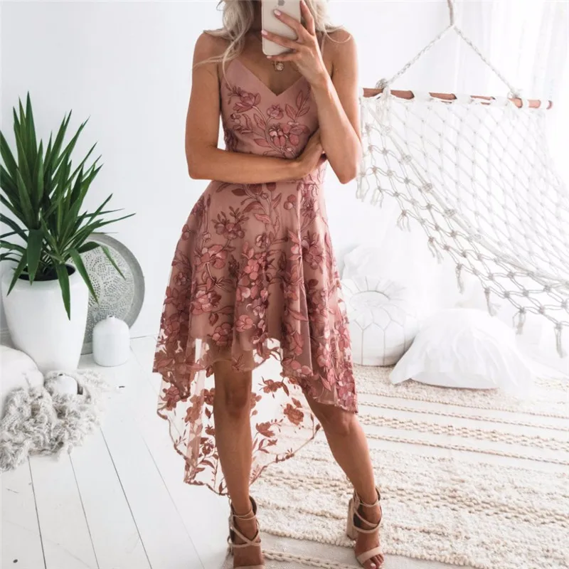 

Robe De Soiree New Fashion V Neck Spaghetti Straps High Low Prom Dress 2019 Sexy Backless Embroidery Lace Evening Party Gowns