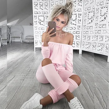 New 2016 Autumn Long Style Drawstring Tie Waist Women Hole Jumpsuit Off The Shoulder Long Sleeve Solid Slim Rompers