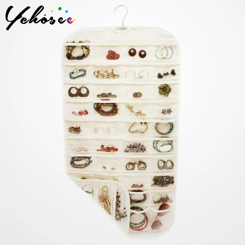 Hanging Jewelry Organizer Double Sided 80 Pockets Hook Storage Bag Closet for Earrings Necklace Bracelet |