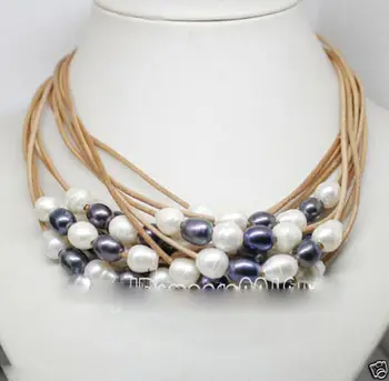 

Fashion 10pcs White &black Baroque Freshwater Pearl Leather cord Necklace 5.27