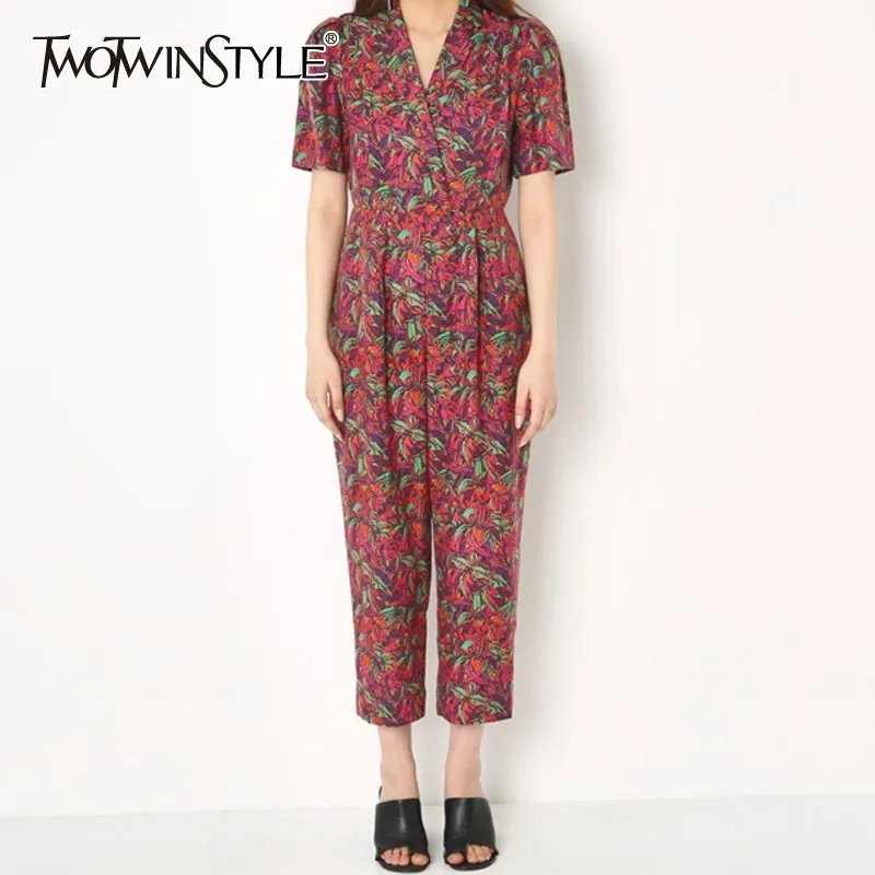 TWOTWINSTYLE Print Women Jumpsuit V Neck Short Sleeve High Waist Big Size Ankle Length Pants Female Fashion Summer 2019 New
