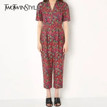 

TWOTWINSTYLE Print Women Jumpsuit V Neck Short Sleeve High Waist Big Size Ankle Length Pants Female Fashion Summer 2020 New