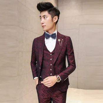 

Prom Men Suit With Pants Red Floral Jacquard Wedding Suits for Men 3 Pieces Set (Jacket+vest+pants) Korean Slim Fit Dress 13