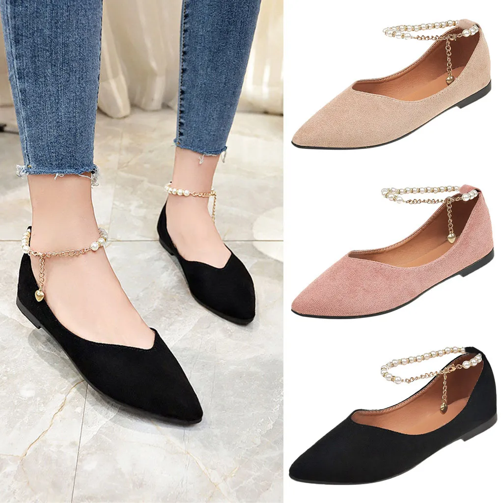 

Dropshipping Women Fashion Buckle Strap String Bead Flat Shoes Solid Pointed Toe Pearls String Bead Buckle Single Flats XXZ49