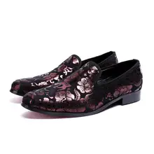Italian Shoe Men Genuine Leather Slip On Loafers Red Floral Wedding Dress Shoes For Men Evening Party Sapato Social Shoes Male Italian Shoe Men Genuine Leather Slip On Loafers Red Floral Wedding Dress Shoes For Men Evening Party Sapato Social Shoes Male