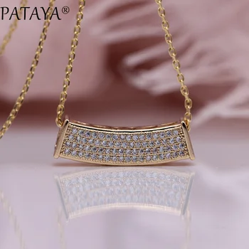

PATAYA New Bend Square Long Necklaces Women Wedding Hollow Fine Big Pendants 585 Rose Gold Natural Zircon Luxury Fashion Jewelry
