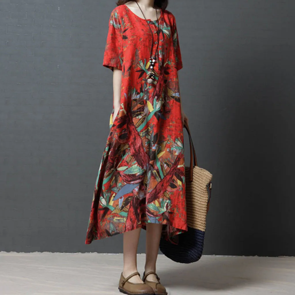 

2019 Summer Long Dress Floral Print Boho Beach Dress Women O-Neck Short Sleeve Cotton And Linen Loose Printing Dress new