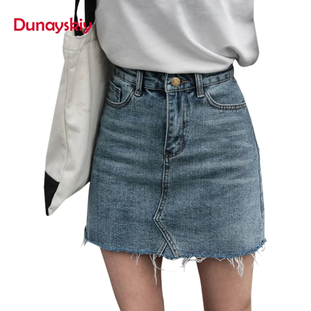 US $9.99 Duanyskiy Women Summer Black Blue Solid Casual High Waist Pencil Denim Skirts High Street Pockets B