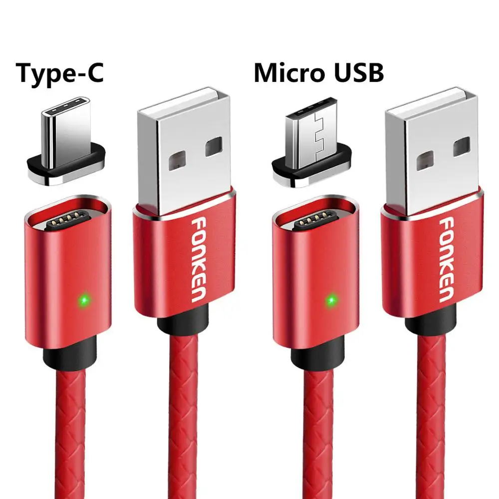 FONKEN 2 в 1 кабель type-C Магнитный кабель Магнит Micro USB кабель 2.4A светодиодный кабель для быстрой зарядки кабель для синхронизации данных для мобильного телефона - Цвет: 2 plug 2 Red Cord