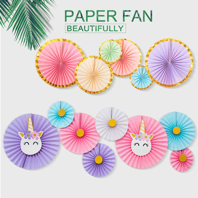 8pcs Unicorn Birthday Party Decor Cartoon Paper Fans Holografic Shine Girl Party Supplies Pink Blue Purple White PAT79 (3)