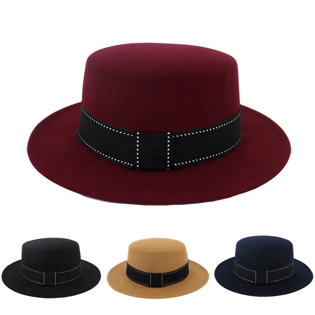 Fashion Solid Color Fedoras Wool Blend Jazz Cap Wide Brim Flat Top Top Hat Unisex Wool Blend