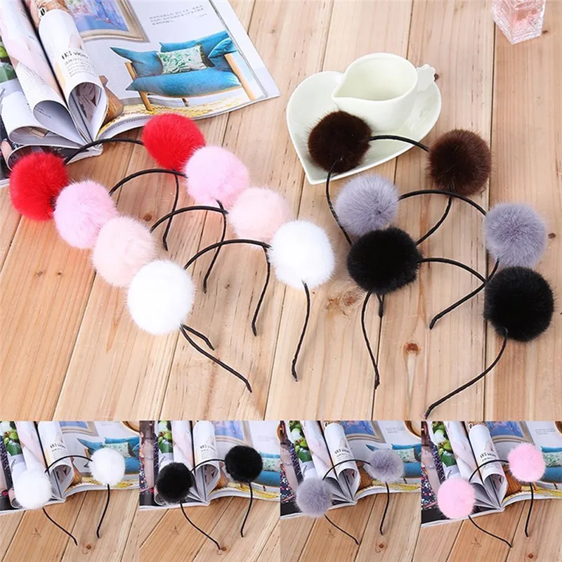 

1Pc Cute Fur Ball Furry Ears Fluffy Rabbit Fur Ball Women Headband Hair band Ornament Accessories Head Hoop Hair Clasp