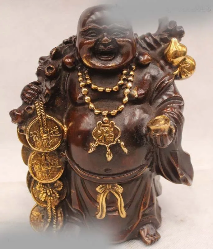 

7"Chinese Bronze Gild Stand Wealth Happy Laugh Money Maitreya Buddha Statue