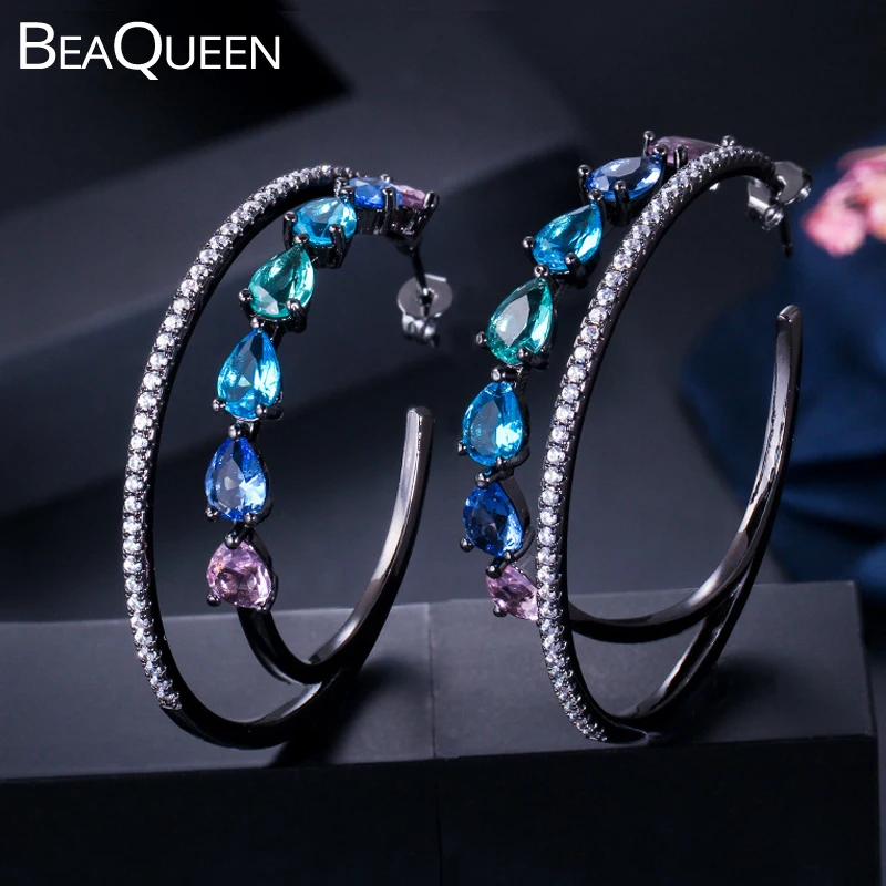 

BeaQueen New Black Gun Color Green Blue Pink Large Double Round Circle Hoop Earrings Rainbow CZ Crystal Jewelry for Women E280