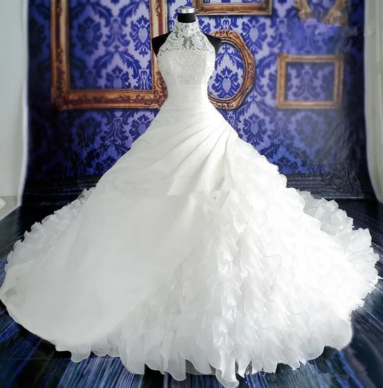 2016 Длинные белые кружевные платья ампир Weding аппликация бусины высокий вырез
