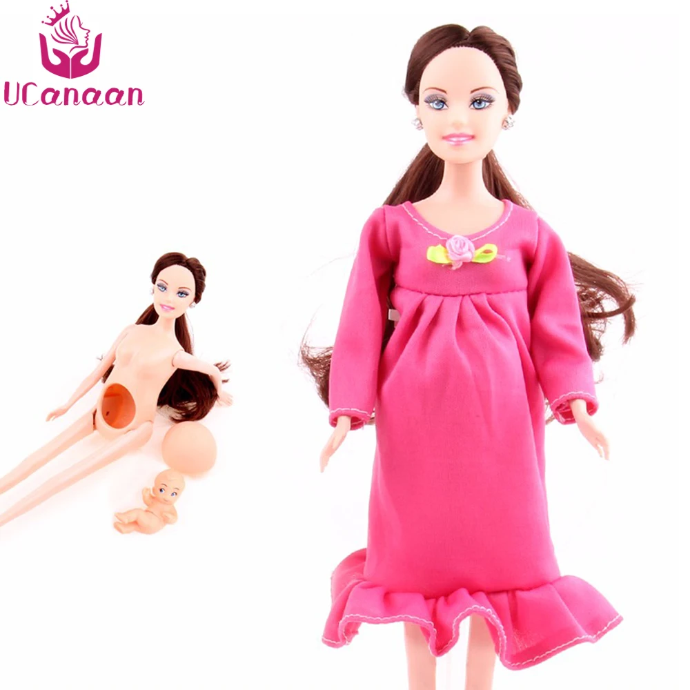 UCanaan Doll Family 5 People Dolls Suits 1 Mom /1 Dad /2 Little Kelly Girl /1 Baby Son/1 Baby Carriage Real Pregnant Toyl gift