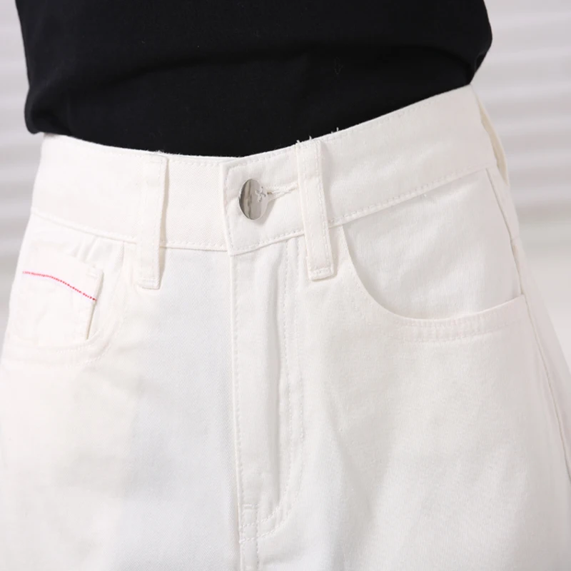 Las Simple Mezclilla Mujeres De Viento Palabra Casuales Mono Cintura Borde Benevolente Áspero Una Alta Amplia Blanco Pantalones Delgada Piernas Cortos qnwYXAt7I