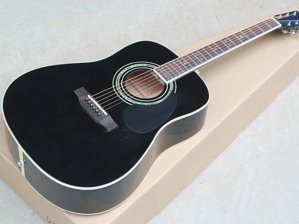 

Factory custom black 41"35 top solid Johnny Cash acoustic guitar with black pickguard,White binding,Can add fishman pickups
