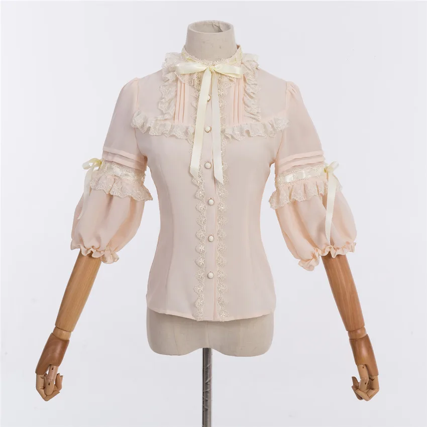 

2019 New Women's Lolita Blouse Half Lantern Sleeve Black Chiffon Ruffle Top
