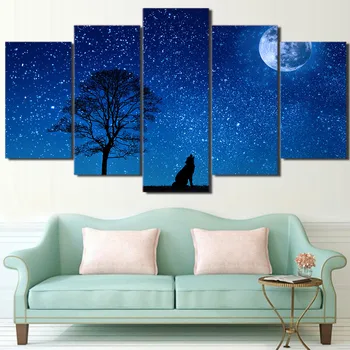 

5 piece Unframed HD Printed moon wolf full of star in the sky modern canvas wall art for living room home decor