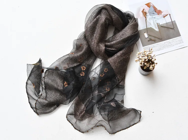 Luxury Brand Women Scarf High Quality Silk Scarves Shawl Lady Soft Wool Pashmina Elegant Embroidery Pearl Scarf Wrap Winter