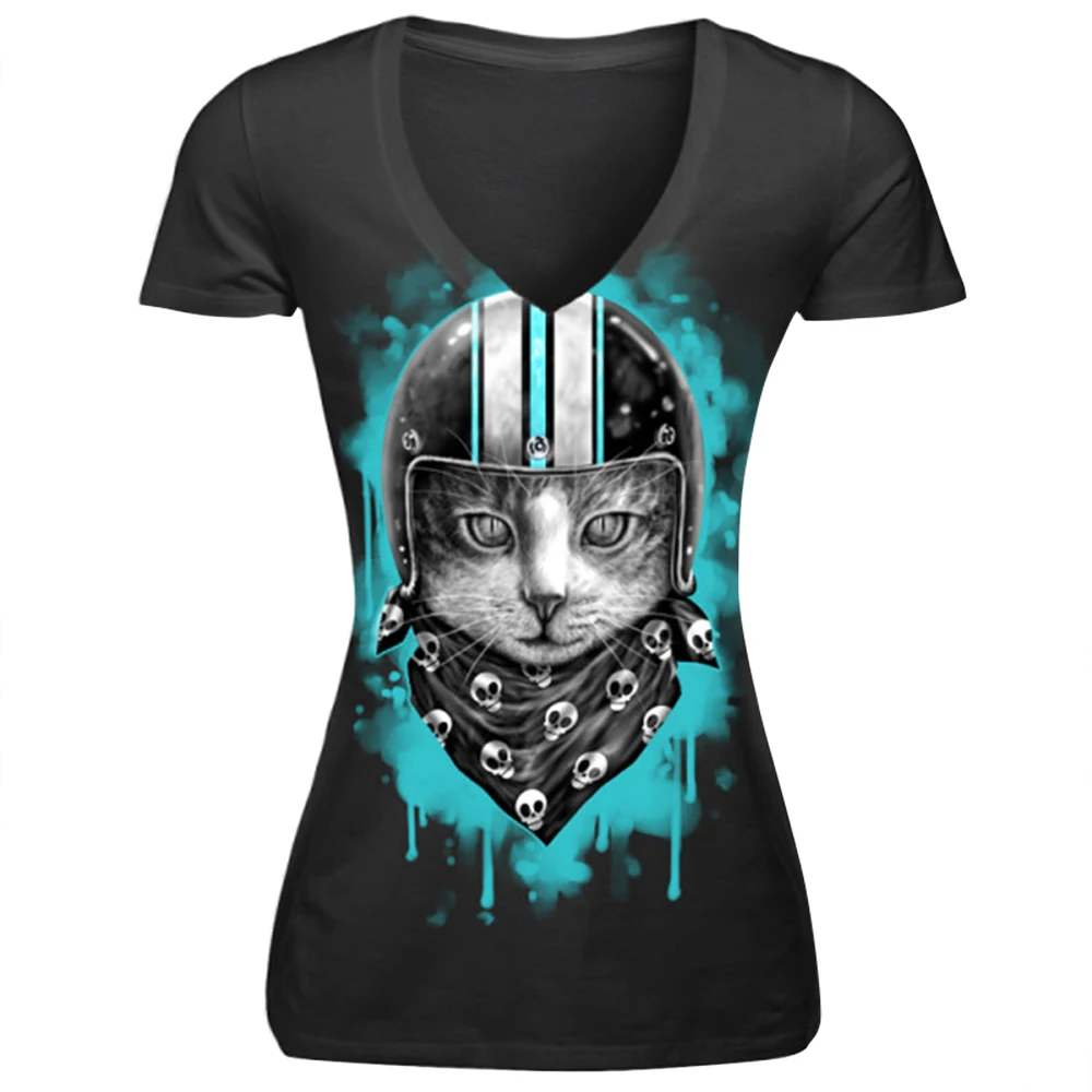 

2017 New Summer Women T Shirt Short Sleeve V-Neck Tees Black Tops Workout Clothes Punk Rock Plus Size 3d Print Cat Tshirt Punk