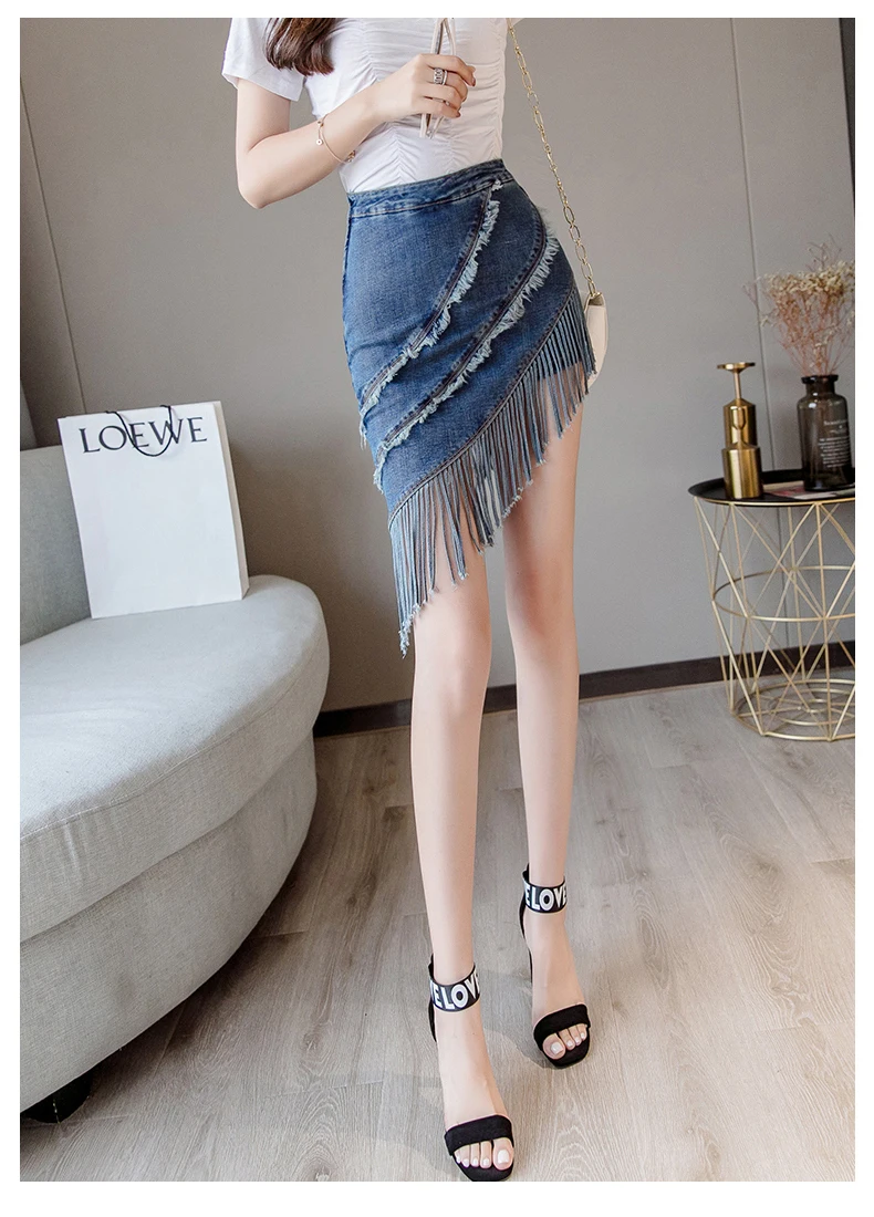 Корейская женская одежда летняя юбка с бахромой брюки нерегулярные джинсовые юбки из денима поддельные две части окантовка кисточка джинсовая мини-юбка