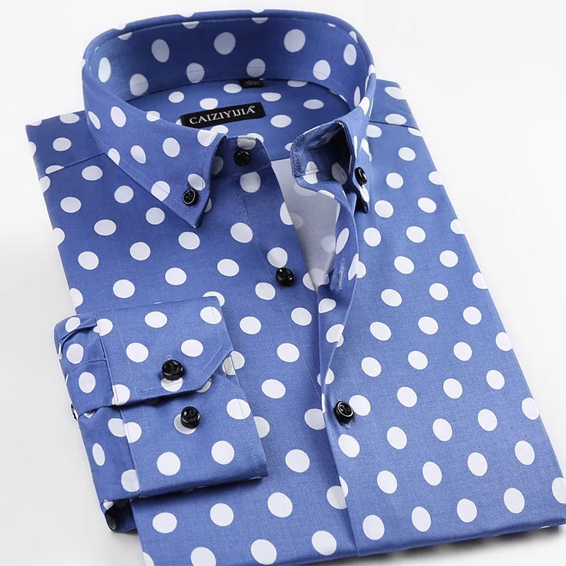 Новые модные мужские повседневные рубашки в горошек с длинным рукавом, приталенные деловые повседневные хлопковые качественные мужские вечерние рубашки