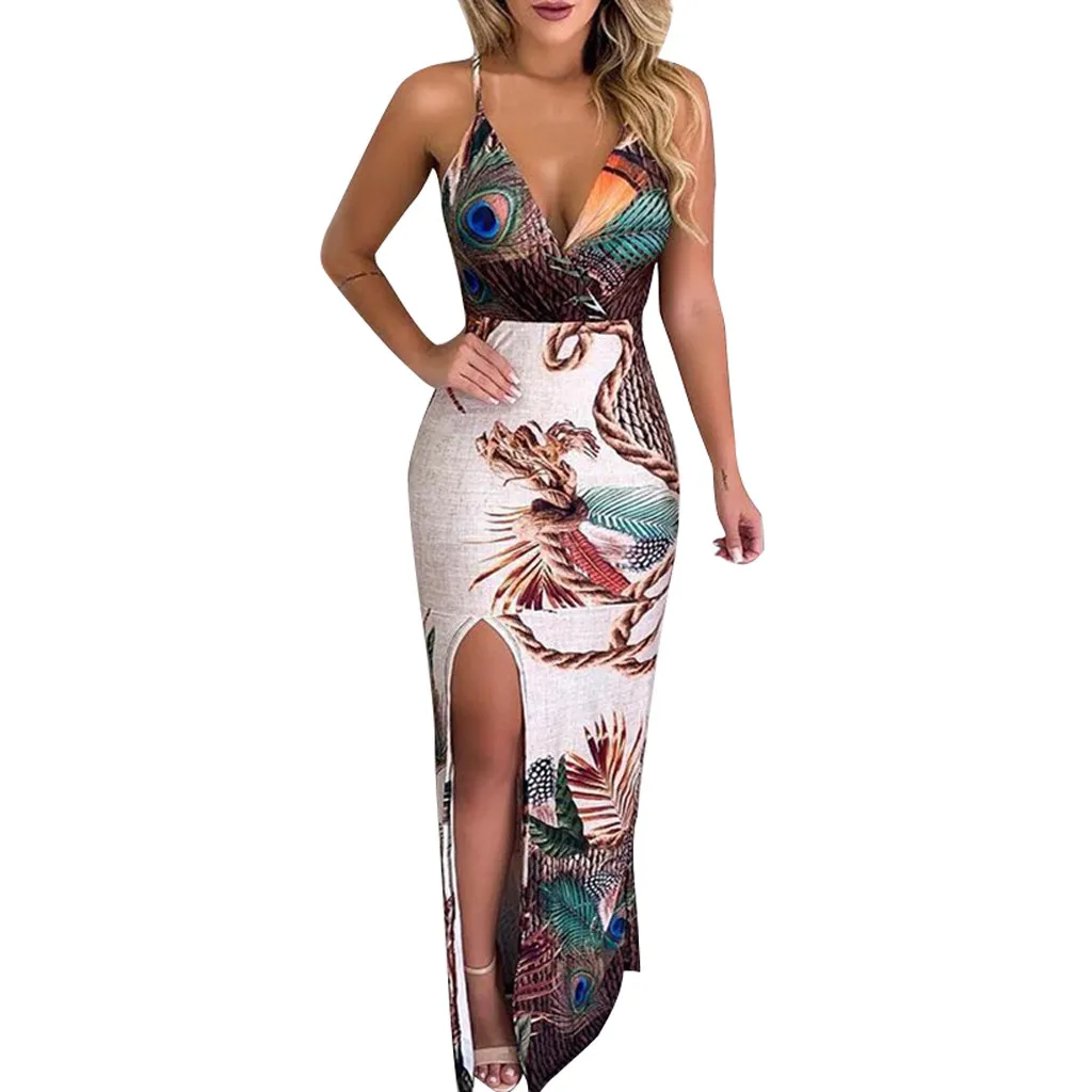 

Women's Bohemian Sexy Casual Peacock Feather Print Thigh Slit Slip Beach Style Summer Dress 2019 Woman Party Night camisas mujer