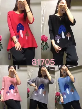 

FREE SHIPPING Miyake fold three quarter repair fashion mushroom print o-neck beading T- shirt IN STOCK