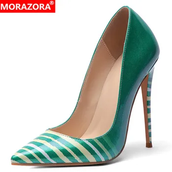 

MORAZORA 2020 new arrival women pumps pointed toe stripe single shoes sexy thin high heel party wedding shoes woman big size 45