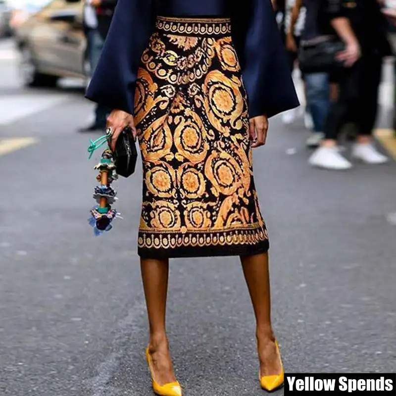 

VONDA 2019 Vintage Skirt Summer Women Sexy OL Office Ladies Floral Printed Midi Skirts High waist Bodycon Vestidos Plus Size 5XL