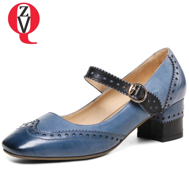 

ZVQ Genuine cow Leather Women Pumps 2019 summer Hollow Mary Janes 5 cm med heels shoes Retro lolita girls Ankle Strap shoes