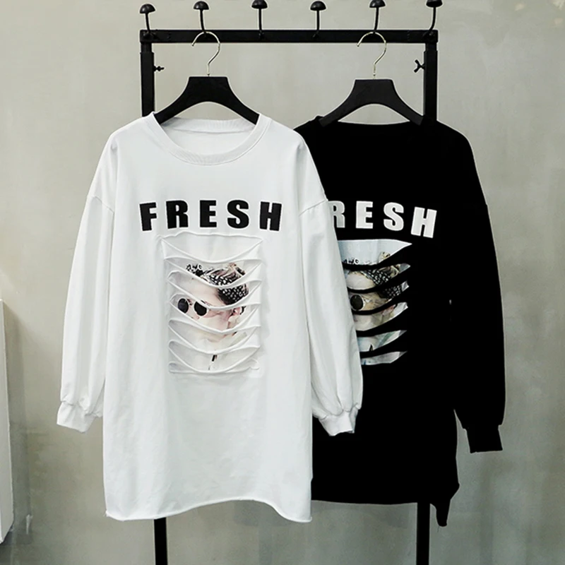 

Casual Cool Hoodies for Women Autumn Long Sleeve Printed Letters Holes Kpop Hoodie Long Loose Hipster Harajuku Sweatshirt Femme