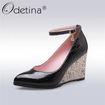 

Odetina New Fashion Patent Leather Pumps For Women Pointed Toe Wedges Shoes Ladies Ankle Strap Bling High Heels Pump Shoes