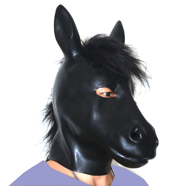 

Latex rubber fetish mask with back zipper plus thickness 1mm HORSE slavehood 100% natural have blind version