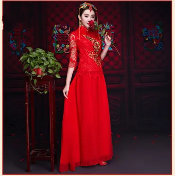 

Red Slim Floral Chinese Wedding Qipao Oriental Satin Three Quarter Bride Cheongsam High Quality Mandarin Collar Slim Toast Dress