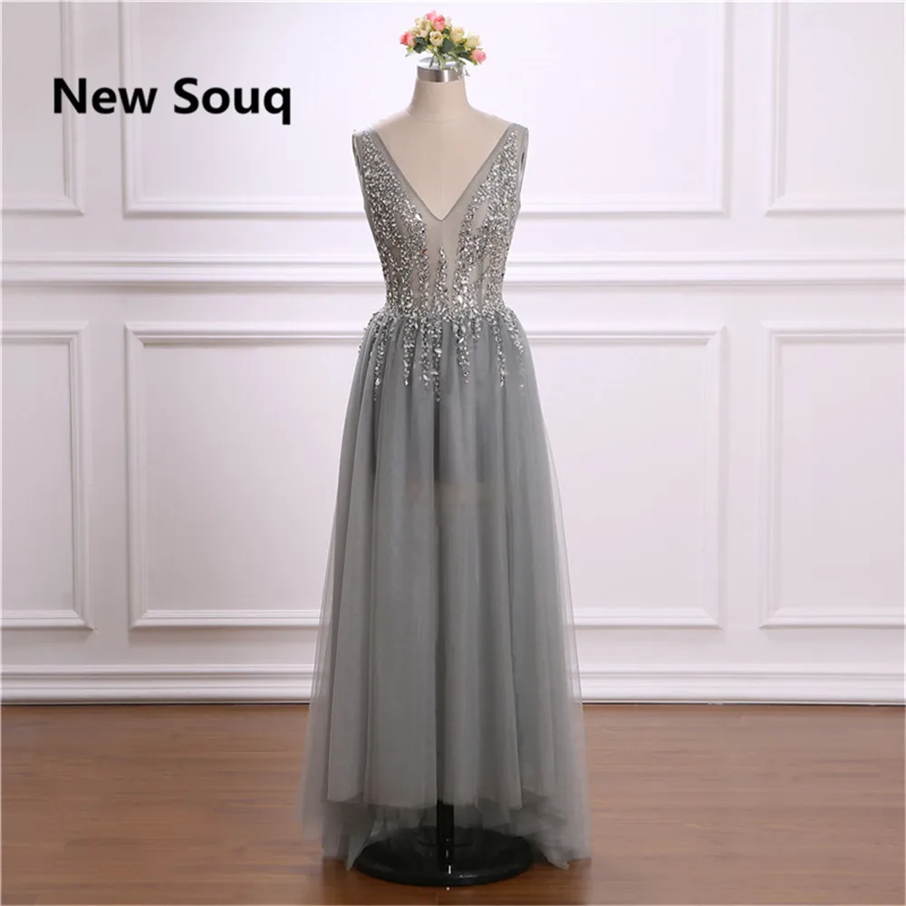 

Sexy V-neck Backless Prom Dresses with Sequins Beading Grey Tulle A-Line Prom Dress Evening Party Gowns Vestido De Fiesta