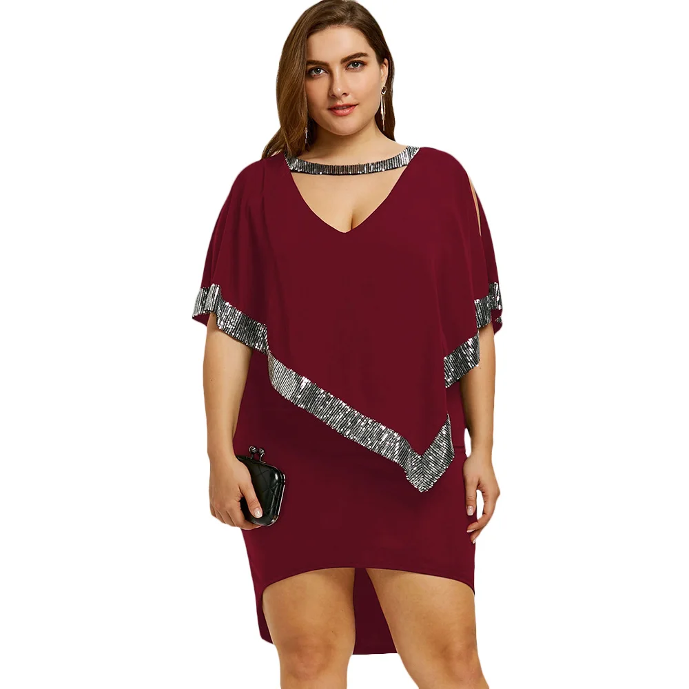 

Wipalo Plus Size 5XL Sexy Sequin Capelet Dress Bodycon V Neck Elegant Evening Formal Party Dress Women Clothing Large Size