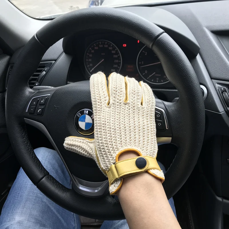 Mens Goatskin Leather Gloves Back Knitted Gloves Lambskin NEW Unlined Non-Slip Motorcycle Driving Gloves Male Leather Mittens