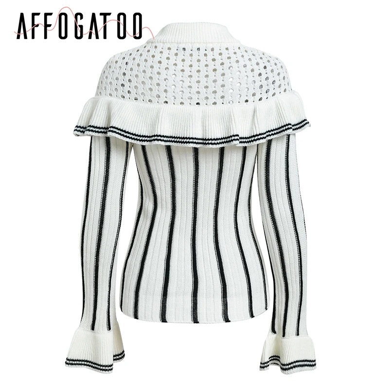 Affogatoo Elegant o neck knitting striped sweater women Hollow out ruffled jumper 2018 Winter flounce sleeve casual pullover Sweaters