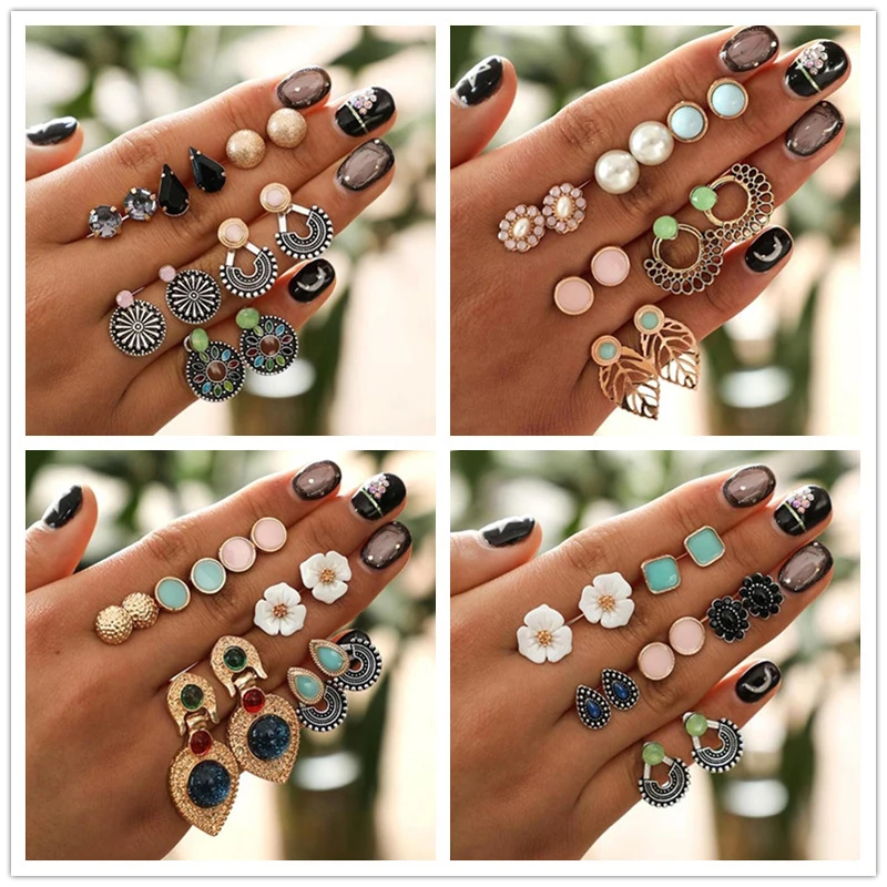

Docona New Arrival Stud Earrings Round Geometric Gold Color Beautiful Flowers Shape Different Style Jewelry For Women Ladies
