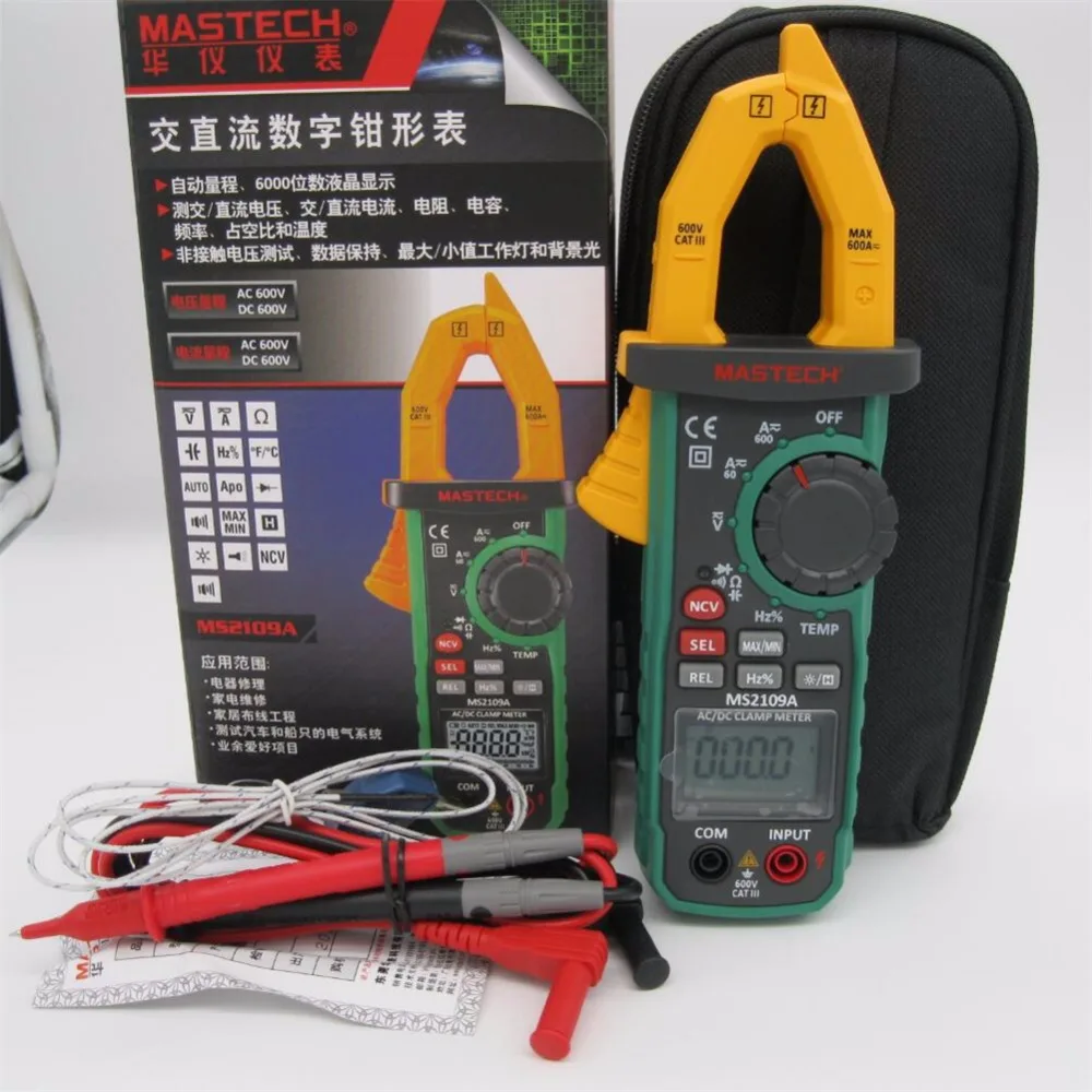 

Digital Clamp Meter Mastech MS2109A Auto Range AC DC 600A Multimeter Volt Amp Ohm HZ Temp Capacitance Tester NCV Test