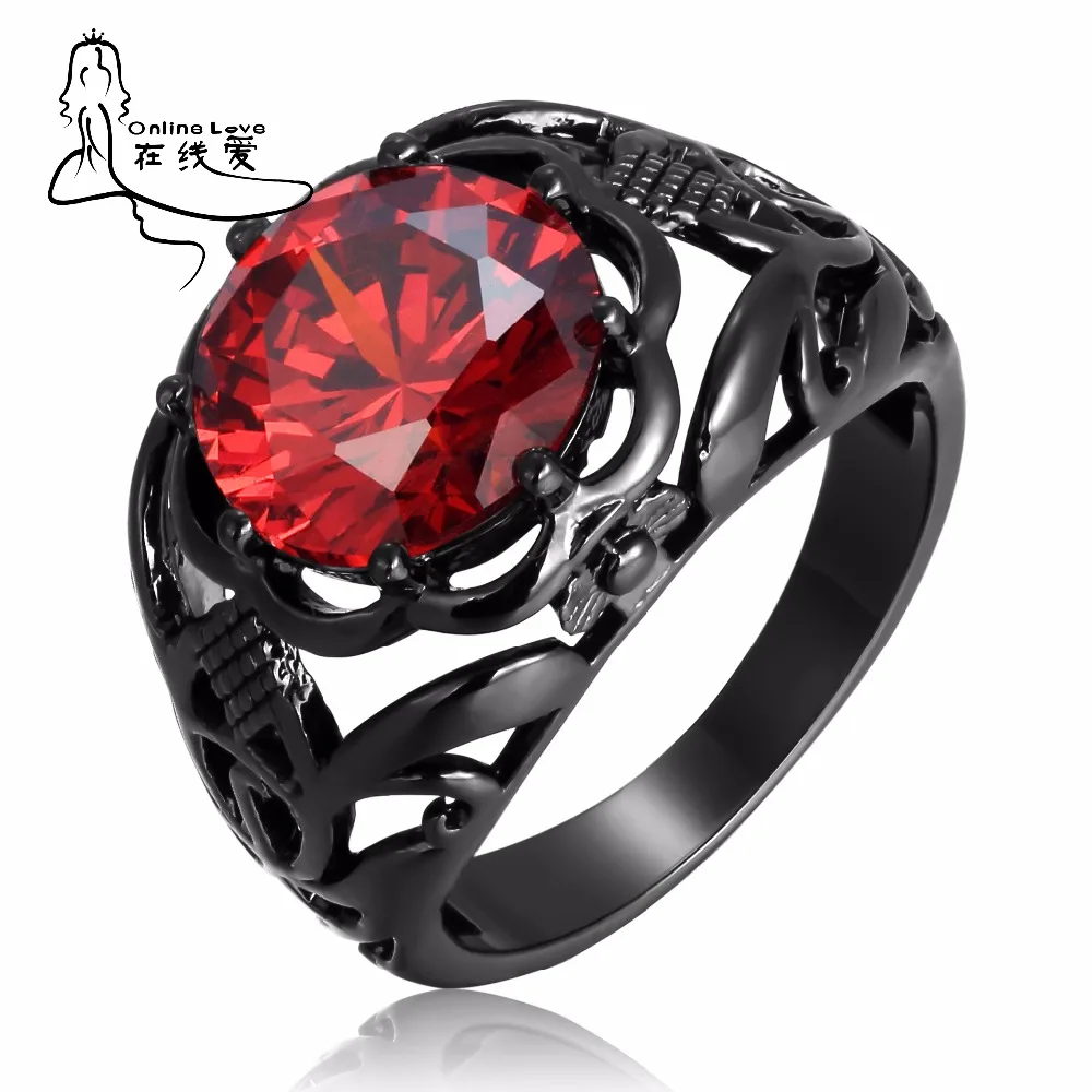 New Arrival Mysterious Black Gun Plated Red Cubic Zirconia Rings