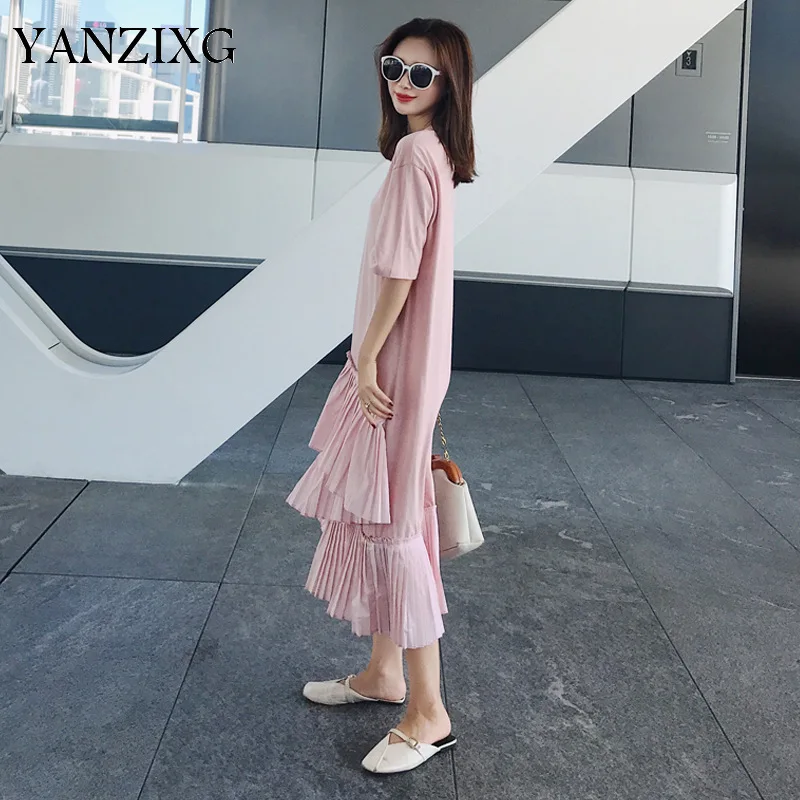

2019 Summer Clothes For Women New Pattern Korea Short Sleeve Irregular Split Joint Mesh Dress Round Collar Loose Q713