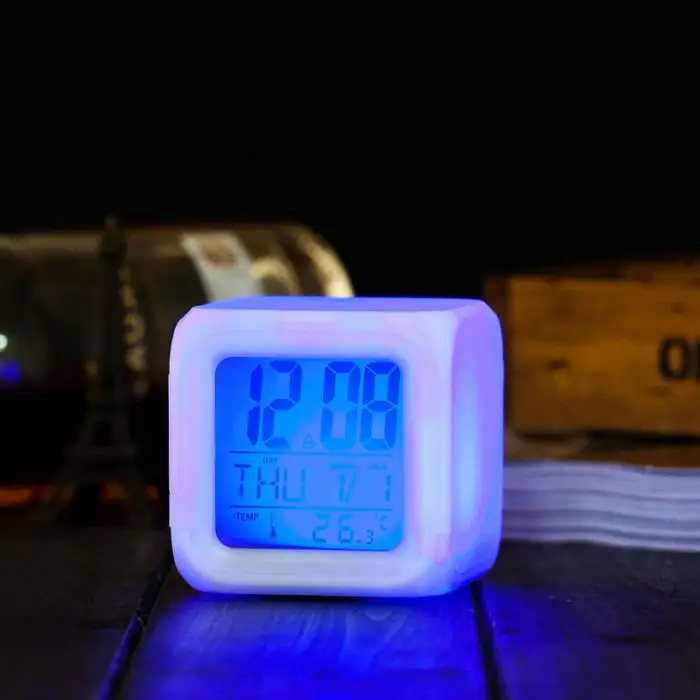Hot 7 Colors LED Digital Alarm Clock Multifunction Thermometer Changing Night Light FBE3
