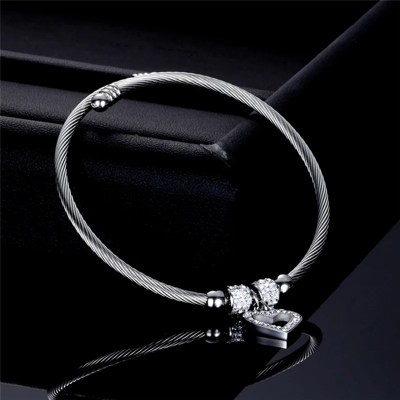 Modyle New Fashion Silver Color Stainless Steel Jewelry Brand White CZ Stone Heart Bracelets bangles for Women Bijoux